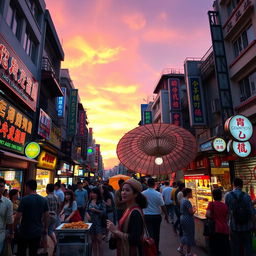 A vibrant and lively street scene in an Asian city during dusk, showcasing diverse groups of people, colorful shops, and street food vendors