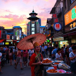 A vibrant and lively street scene in an Asian city during dusk, showcasing diverse groups of people, colorful shops, and street food vendors