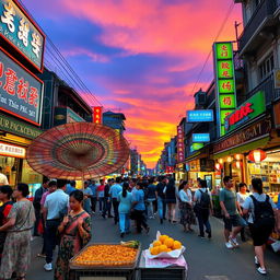 A vibrant and lively street scene in an Asian city during dusk, showcasing diverse groups of people, colorful shops, and street food vendors
