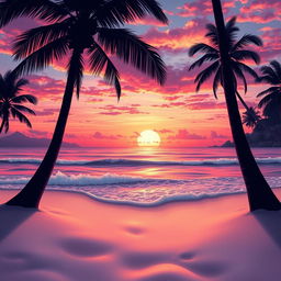 A detailed and artistic representation of a beautiful sunset at a tropical beach, with waves gently lapping onto the shore
