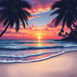 A detailed and artistic representation of a beautiful sunset at a tropical beach, with waves gently lapping onto the shore