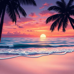 A detailed and artistic representation of a beautiful sunset at a tropical beach, with waves gently lapping onto the shore