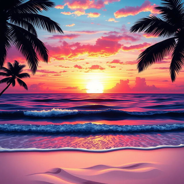 A detailed and artistic representation of a beautiful sunset at a tropical beach, with waves gently lapping onto the shore