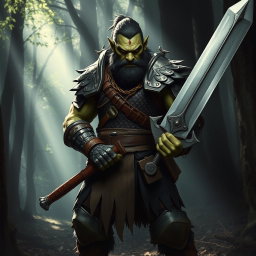 A fierce half-orc warrior standing confidently, wielding a massive two-handed sword