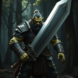 A fierce half-orc warrior standing confidently, wielding a massive two-handed sword