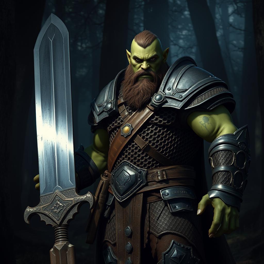 A fierce half-orc warrior standing confidently, wielding a massive two-handed sword