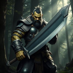 A fierce half-orc warrior standing confidently, wielding a massive two-handed sword