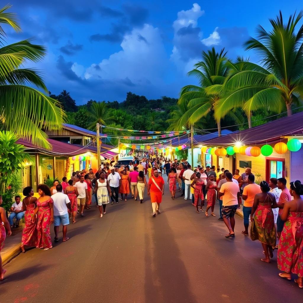 A vibrant Caribbean village celebrating a local festival, featuring a colorful asphalt road bustling with festive activities