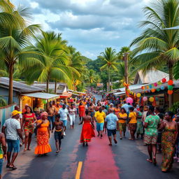 A vibrant Caribbean village celebrating a local festival, featuring a colorful asphalt road bustling with festive activities