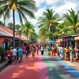 A vibrant Caribbean village celebrating a local festival, featuring a colorful asphalt road bustling with festive activities