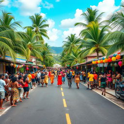 A vibrant Caribbean village celebrating a local festival, featuring a colorful asphalt road bustling with festive activities