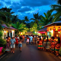 A quaint Caribbean village celebrating a local festival, featuring a charming asphalt street filled with festivities