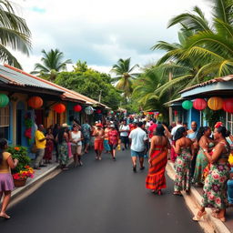 A quaint Caribbean village celebrating a local festival, featuring a charming asphalt street filled with festivities