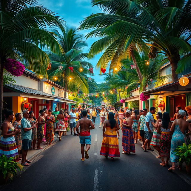 A quaint Caribbean village celebrating a local festival, featuring a charming asphalt street filled with festivities