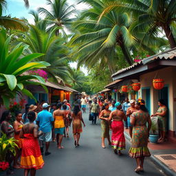 A quaint Caribbean village celebrating a local festival, featuring a charming asphalt street filled with festivities
