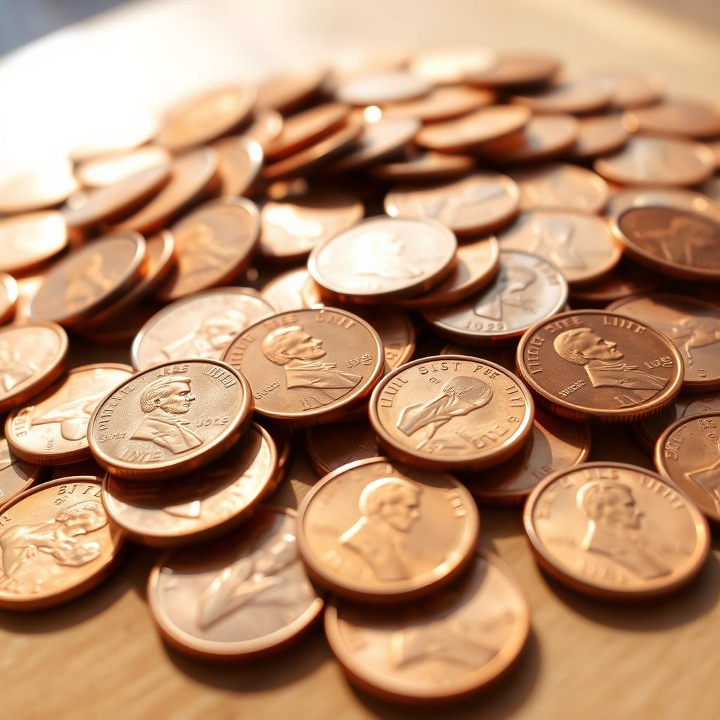 A close-up shot of a pile of shiny, copper pennies scattered on a wooden surface