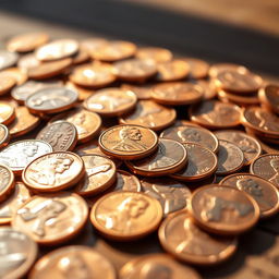 A close-up shot of a pile of shiny, copper pennies scattered on a wooden surface