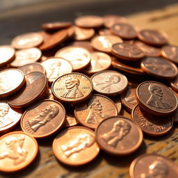 A close-up shot of a pile of shiny, copper pennies scattered on a wooden surface