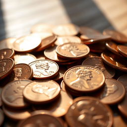 A close-up shot of a pile of shiny, copper pennies scattered on a wooden surface