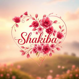 A romantic and artistic interpretation of a heart-shaped design featuring the name "Shakiba" elegantly inscribed within it