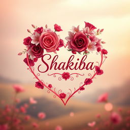 A romantic and artistic interpretation of a heart-shaped design featuring the name "Shakiba" elegantly inscribed within it
