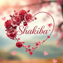 A romantic and artistic interpretation of a heart-shaped design featuring the name "Shakiba" elegantly inscribed within it