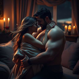 A dramatic and intense scene depicting a couple in passionate embrace, surrounded by a warm and inviting atmosphere