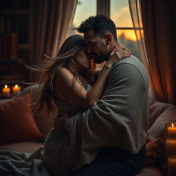 A dramatic and intense scene depicting a couple in passionate embrace, surrounded by a warm and inviting atmosphere
