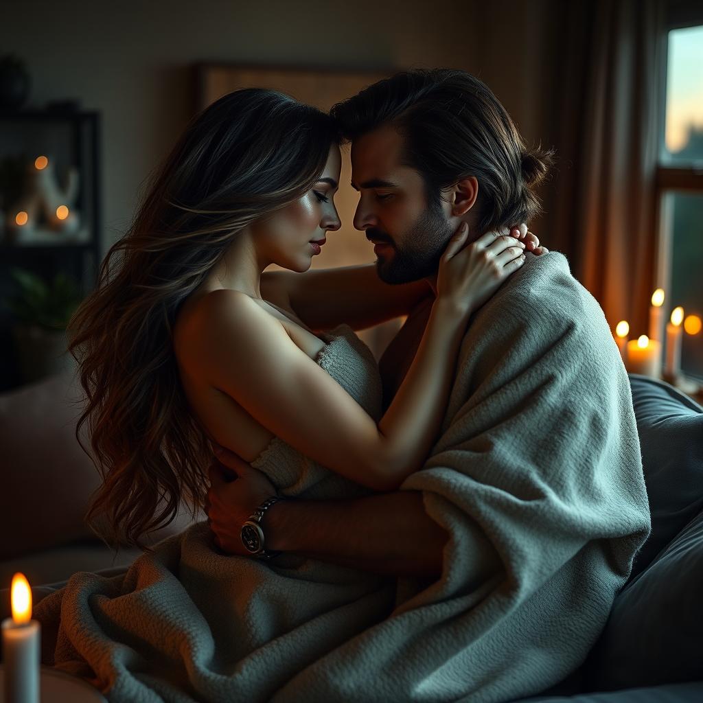 A dramatic and intense scene depicting a couple in passionate embrace, surrounded by a warm and inviting atmosphere