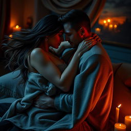 A dramatic and intense scene depicting a couple in passionate embrace, surrounded by a warm and inviting atmosphere