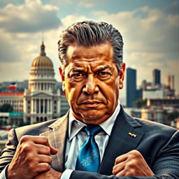 A powerful portrait of Miguel Diaz-Canel, the President of Cuba, depicted in a strong and commanding pose