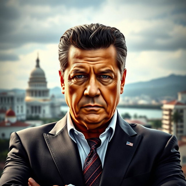 A powerful portrait of Miguel Diaz-Canel, the President of Cuba, depicted in a strong and commanding pose