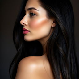 A stunning profile portrait of a woman showcasing her facial features, highlighted with soft lighting
