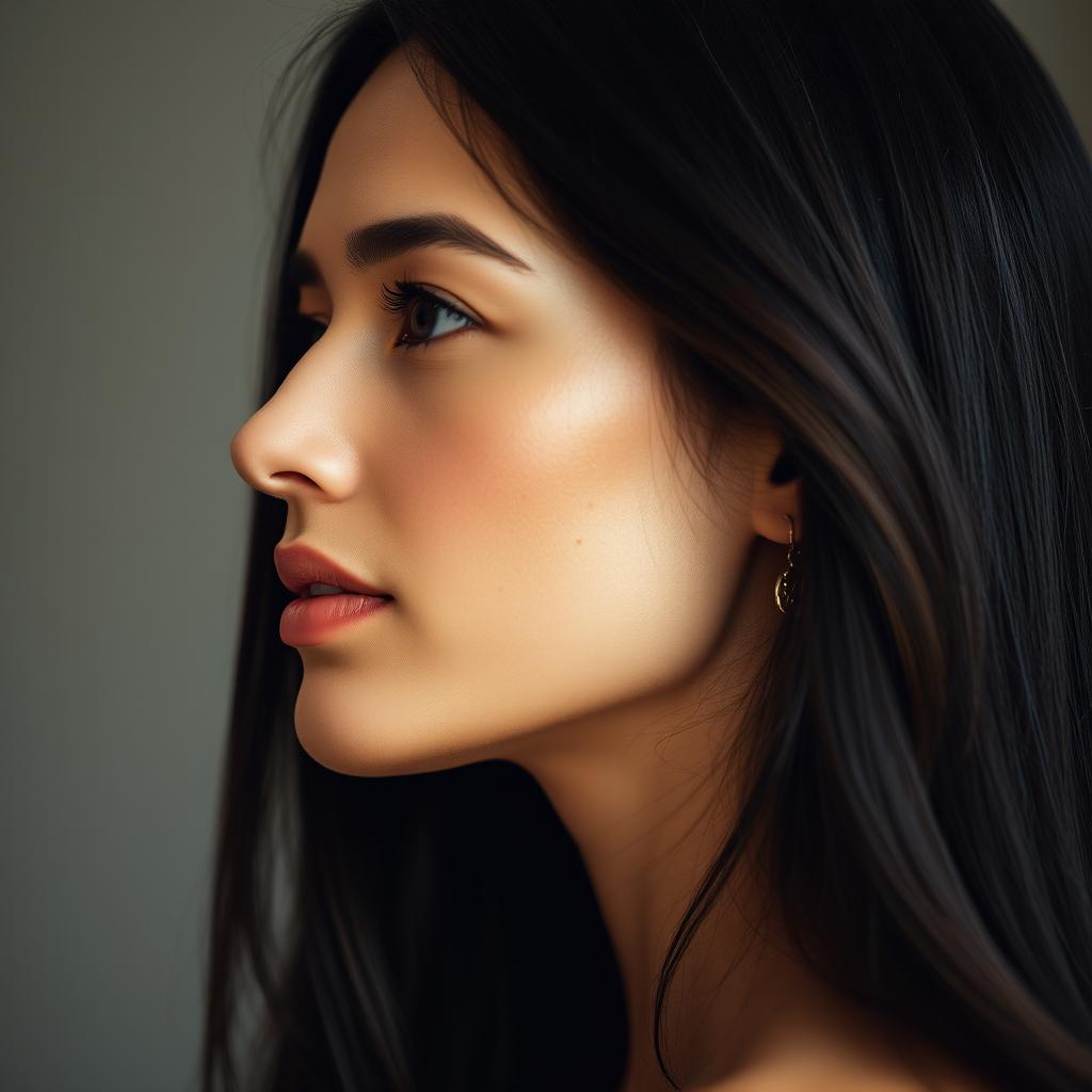 A stunning profile portrait of a woman showcasing her facial features, highlighted with soft lighting