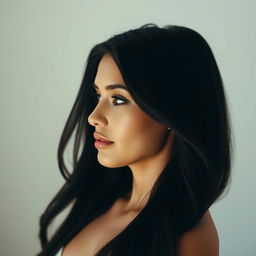 A stunning profile portrait of a woman showcasing her facial features, highlighted with soft lighting