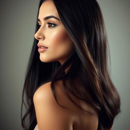 A stunning profile portrait of a woman showcasing her facial features, highlighted with soft lighting