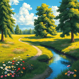 A beautifully detailed illustration of a scenic place with tall, lush green trees casting soft shadows on a vibrant meadow filled with blooming wildflowers in various colors