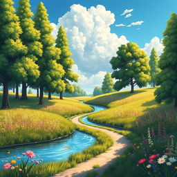 A beautifully detailed illustration of a scenic place with tall, lush green trees casting soft shadows on a vibrant meadow filled with blooming wildflowers in various colors