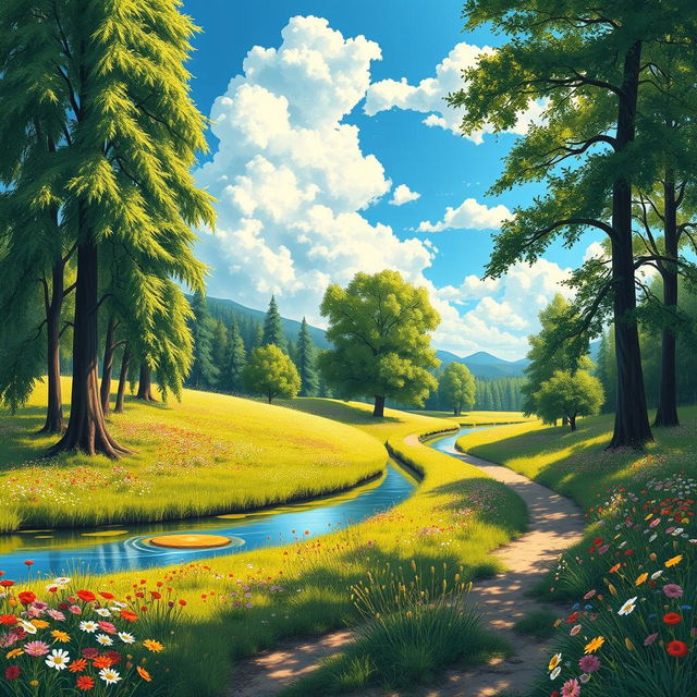 A beautifully detailed illustration of a scenic place with tall, lush green trees casting soft shadows on a vibrant meadow filled with blooming wildflowers in various colors