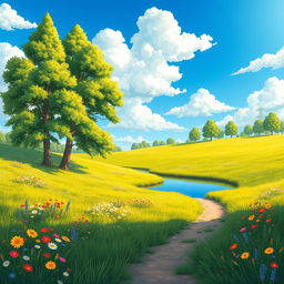 A beautifully detailed illustration of a scenic place with tall, lush green trees casting soft shadows on a vibrant meadow filled with blooming wildflowers in various colors
