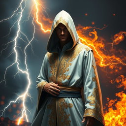 A mysterious hooded man dressed in elegant white and gold wizard robes, standing confidently with lightning and flames swirling around him in a captivating display of magic