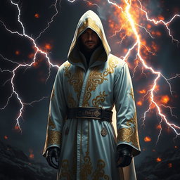 A mysterious hooded man dressed in elegant white and gold wizard robes, standing confidently with lightning and flames swirling around him in a captivating display of magic