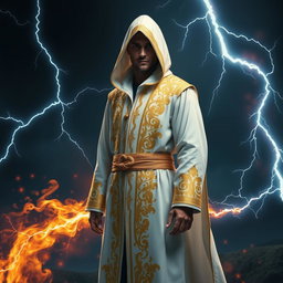 A mysterious hooded man dressed in elegant white and gold wizard robes, standing confidently with lightning and flames swirling around him in a captivating display of magic