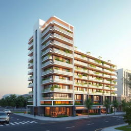 An exterior visualization of a 15-story building designed in a hybrid style of futuristic and modern architecture