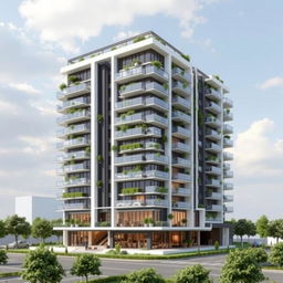 An exterior visualization of a 15-story building designed in a hybrid style of futuristic and modern architecture