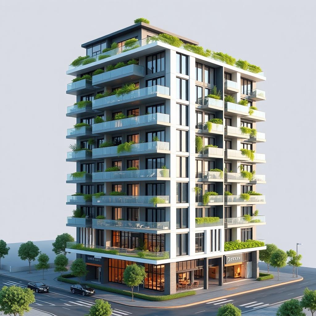 An exterior visualization of a 15-story building designed in a hybrid style of futuristic and modern architecture