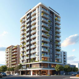 An exterior visualization of a 15-story building designed in a hybrid style of futuristic and modern architecture