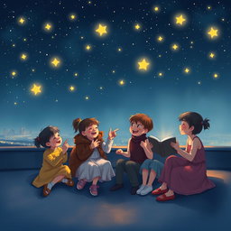 A group of children sitting on a rooftop at night, under a starry sky, engaged in joyful conversation