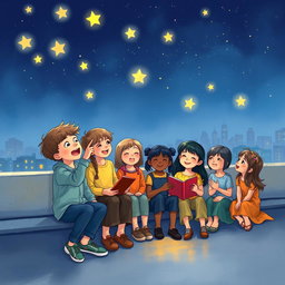 A group of children sitting on a rooftop at night, under a starry sky, engaged in joyful conversation