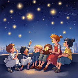 A group of children sitting on a rooftop at night, under a starry sky, engaged in joyful conversation